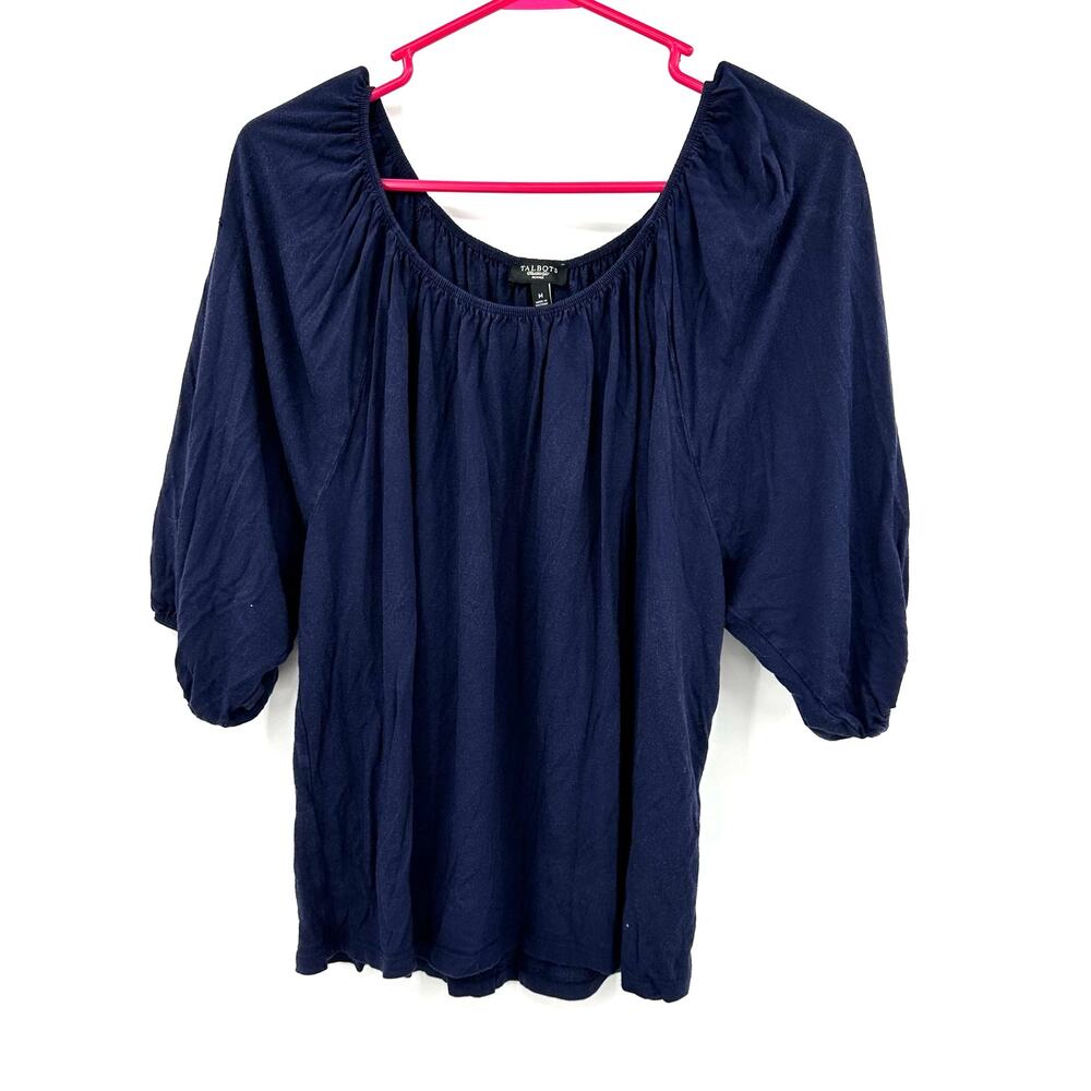 Talbots Size Medium Petite‎ Blouse Blue Off The Shoulder Ruched Cottagecore